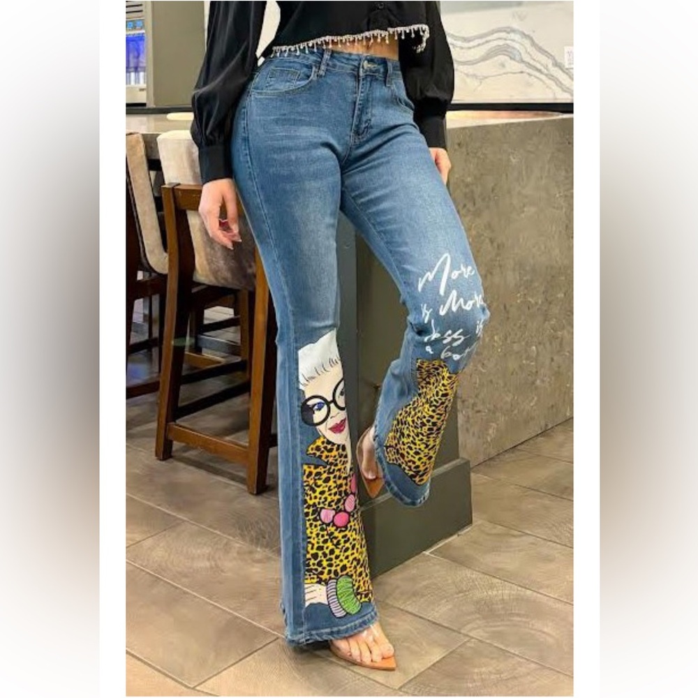 Blue Denim Wide-Leg Jeans with Colorful Patch Art
